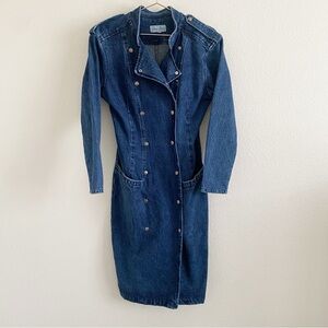Vintage 90s Paris Blues Denim Long Trench Coat Snap Buttons Small